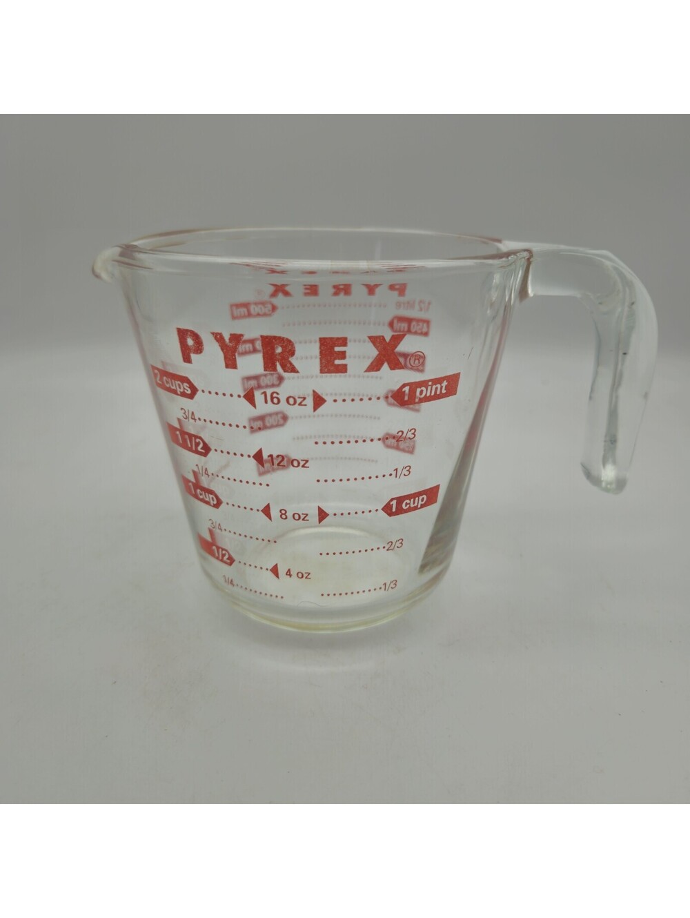 Vintage 2 CUPS PYREX 516 Glass Measuring Cup Red Lettering Open Handle